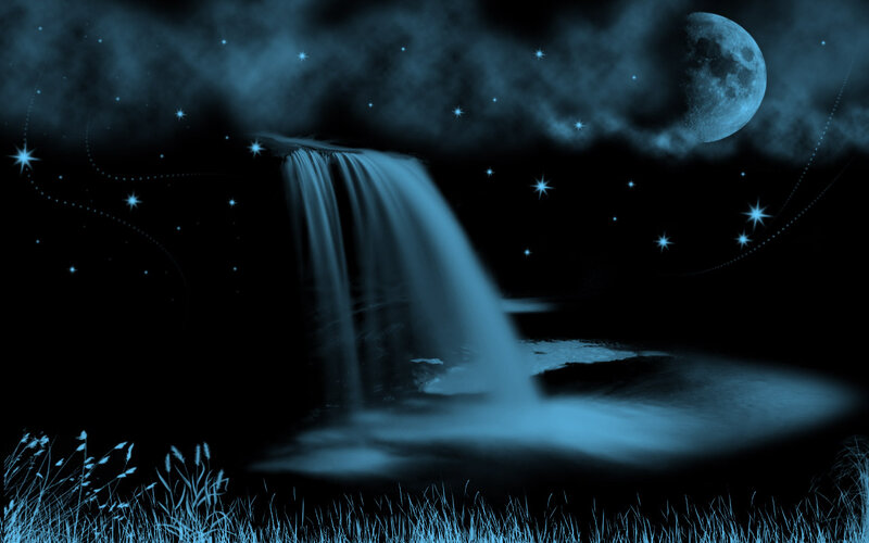 Waterfall under Moonlight — Blue
