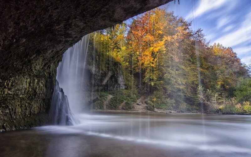 Waterfall under Rock Overhang — Blue, Serene, Autumn