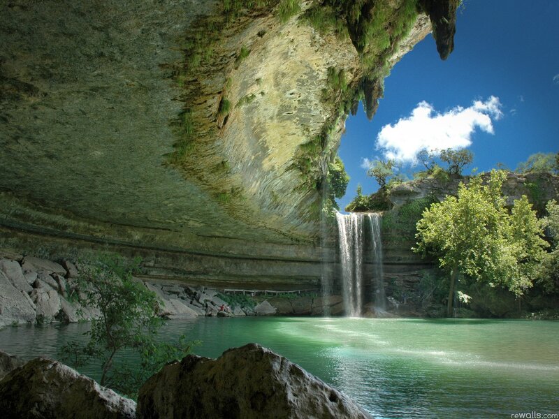 Waterfall under Rock Overhang — Blue