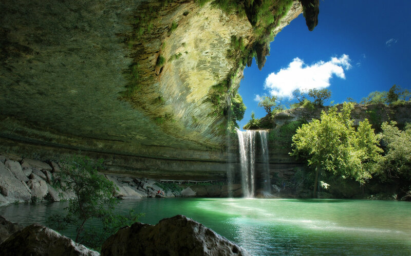 Waterfall under Rock Overhang — Green, Serene, Afternoon, Photograph, Pool, Trees, Sky