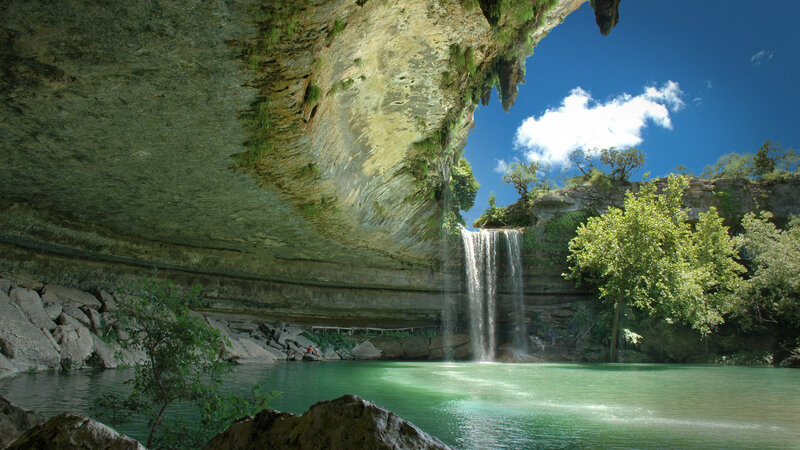 Waterfall under Rock Overhang — Green, Serene