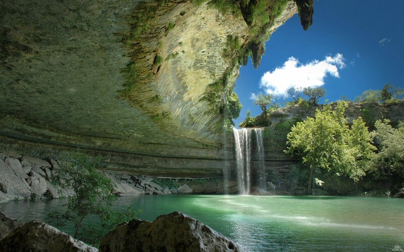 Waterfall under Rock Overhang — Green
