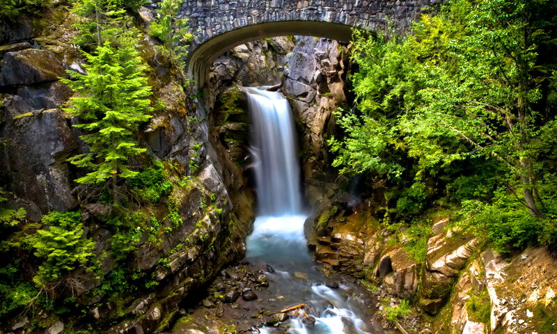 Waterfall under Stone Bridge — Green, Serene, Afternoon, Photograph