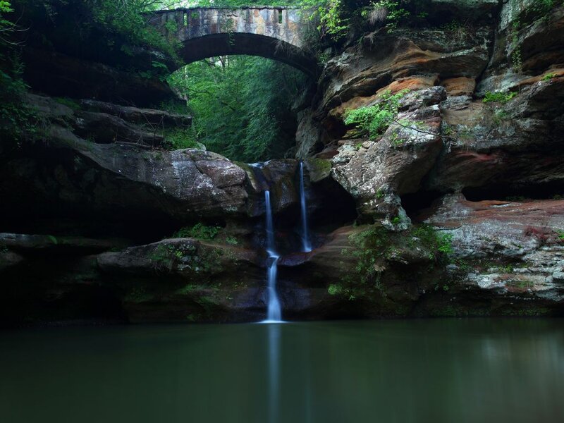 Waterfall under Stone Bridge — Green, Serene, Photograph, River
