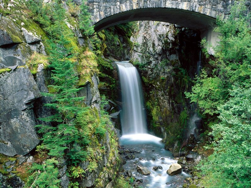 Waterfall under Stone Bridge — Green, Serene, Photograph, Trees