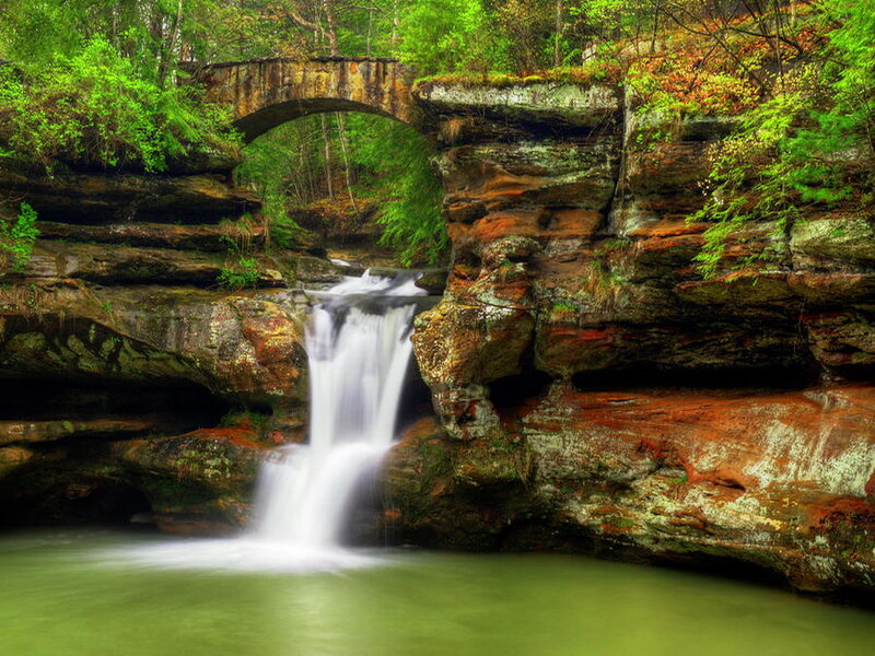 Waterfall under Stone Bridge — Green, Serene