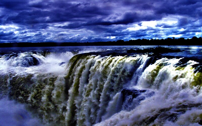 Waterfall under Stormy Sky — Blue, Dramatic