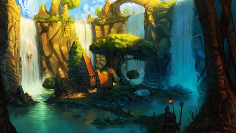 Waterfall village in fantasy landscape