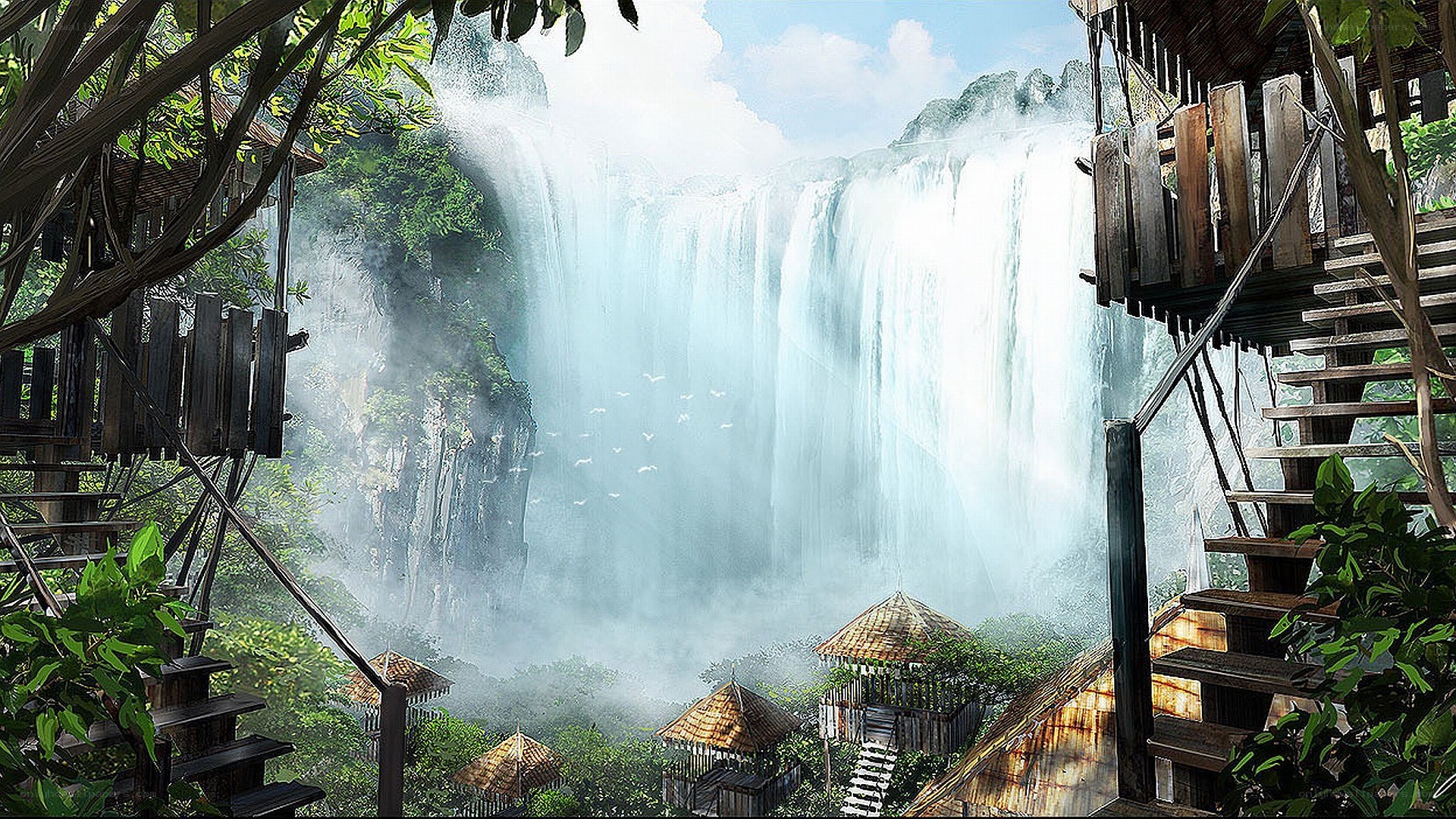 Waterfall village in jungle