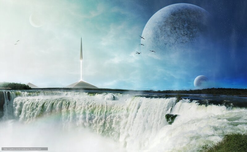 Waterfall with Alien Planet