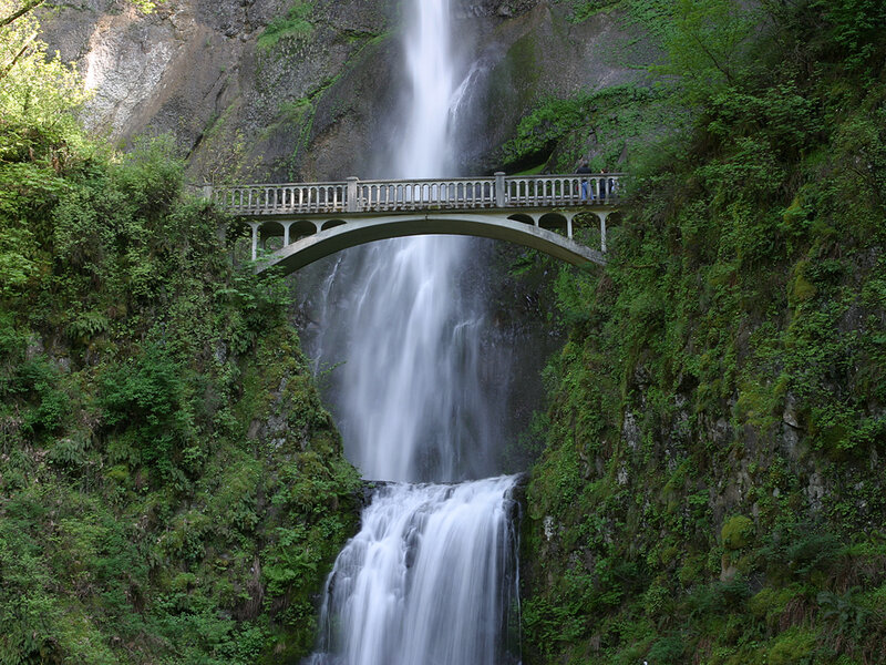 Waterfall with arched bridge