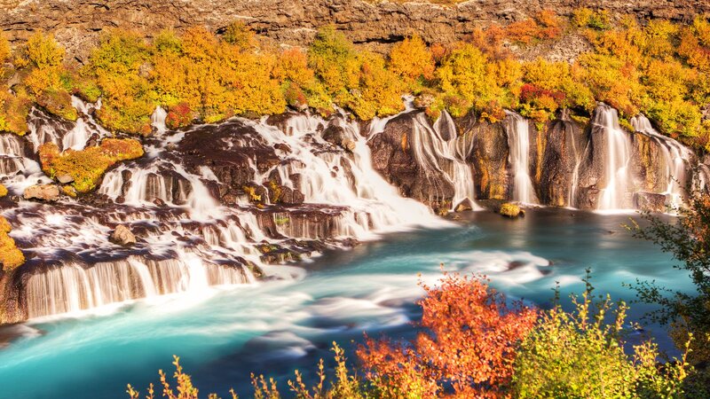 Waterfall with Autumn Trees — Blue, Serene