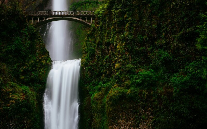 Waterfall with Bridge — Green, Dramatic
