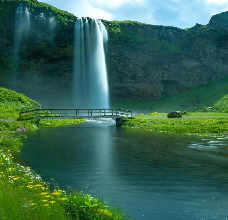 Waterfall with Bridge — Green, Serene, Afternoon