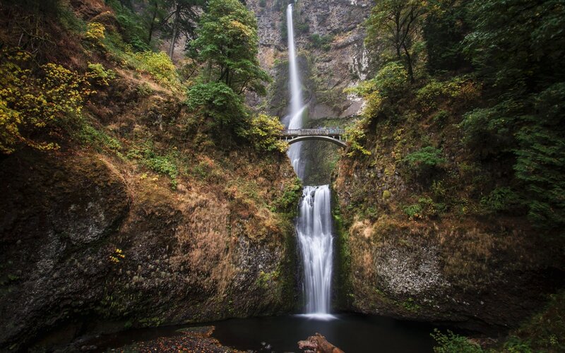 Waterfall with Bridge — Green, Serene, Autumn