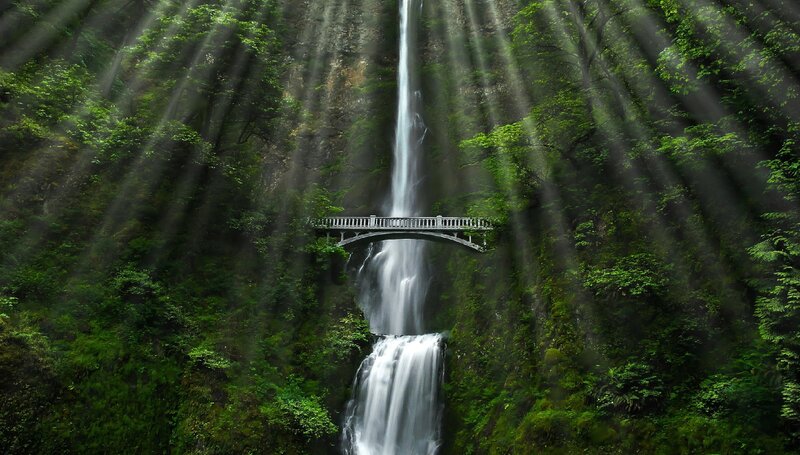 Waterfall with Bridge — Green, Serene, Morning