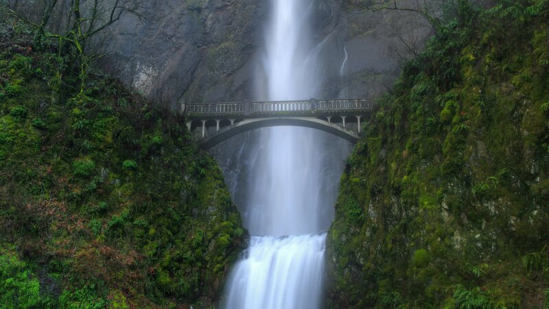 Waterfall with Bridge — Green, Serene, Photograph, Moss, Cliff