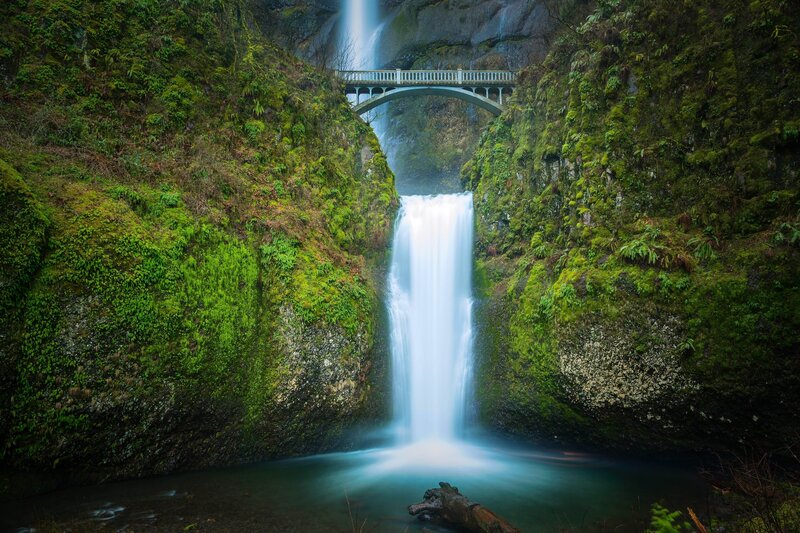 Waterfall with Bridge — Green, Serene, Photograph, Moss, Pool