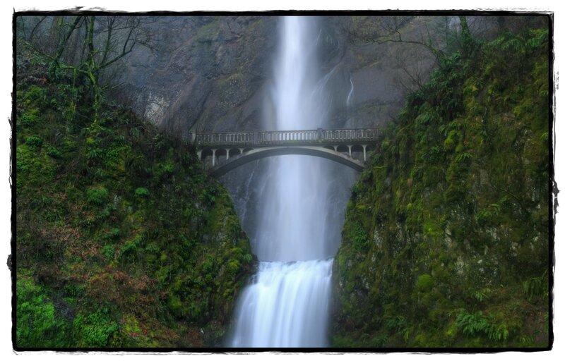 Waterfall with Bridge — Green, Serene, Photograph
