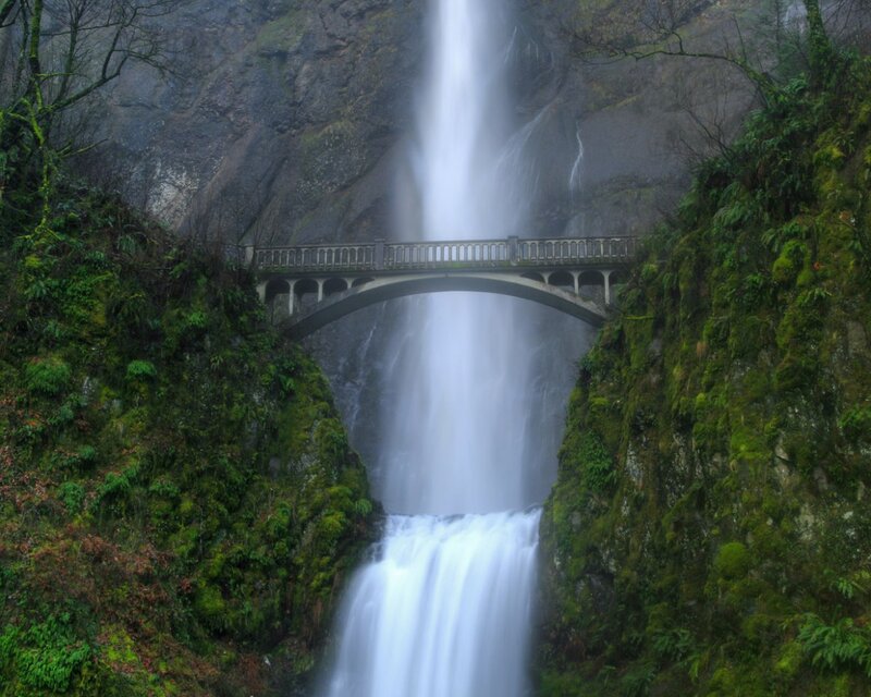 Waterfall with bridge in forest