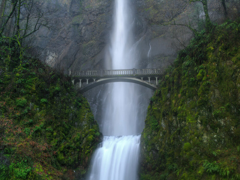 Waterfall with bridge in forest
