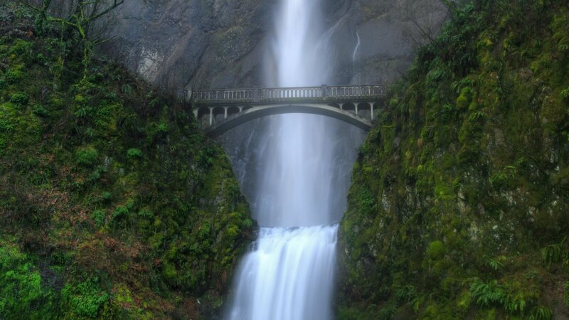 Waterfall with bridge in forest