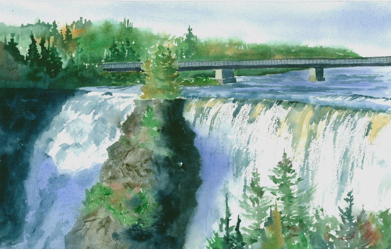 Waterfall with bridge painting
