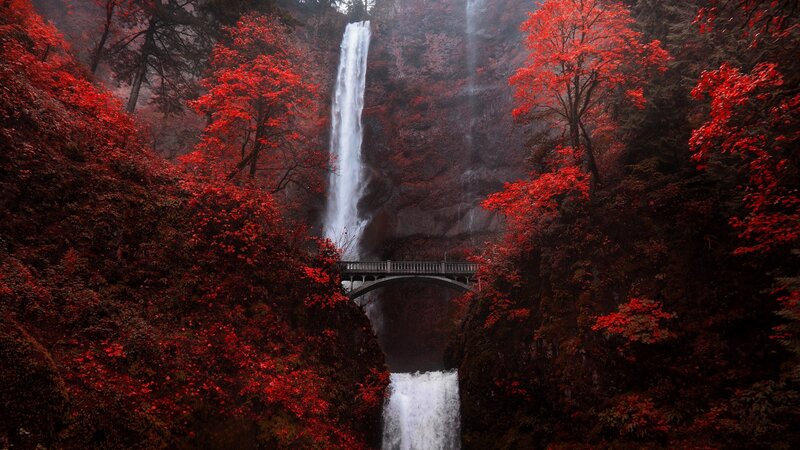 Waterfall with Bridge — Red