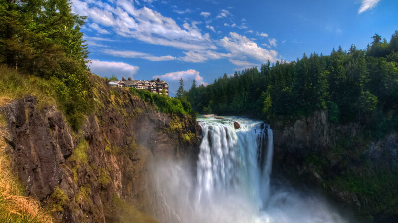 Waterfall with Building — Blue, Dramatic, Afternoon, Photograph