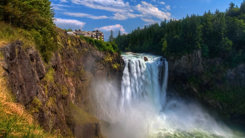 Waterfall with Building — Blue, Dramatic, Afternoon