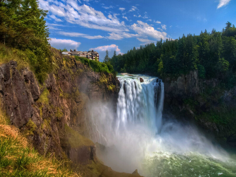 Waterfall with Building — Blue, Dramatic