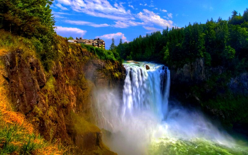 Waterfall with Building — Blue