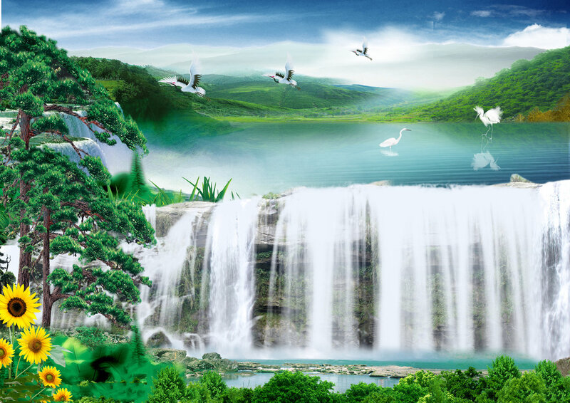 Waterfall with Cranes