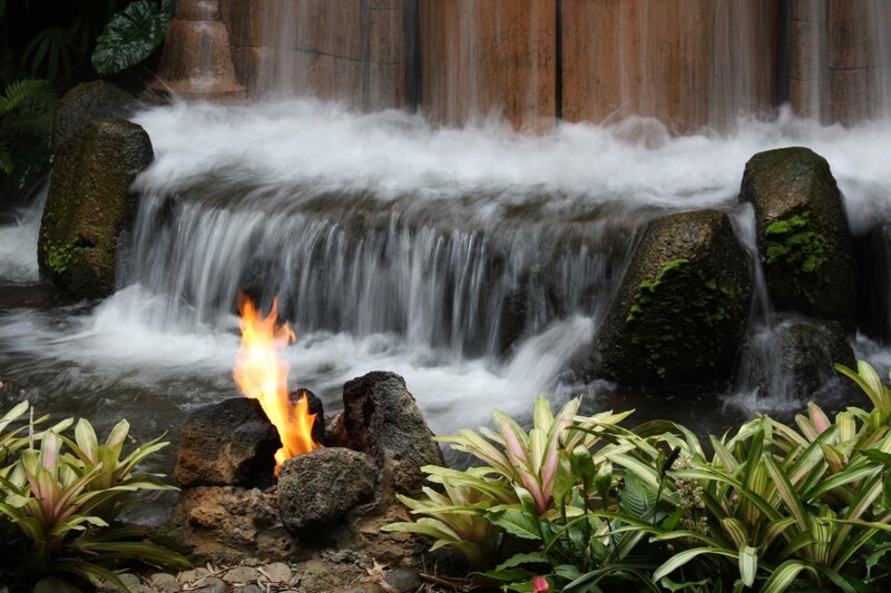 Waterfall with fire pit