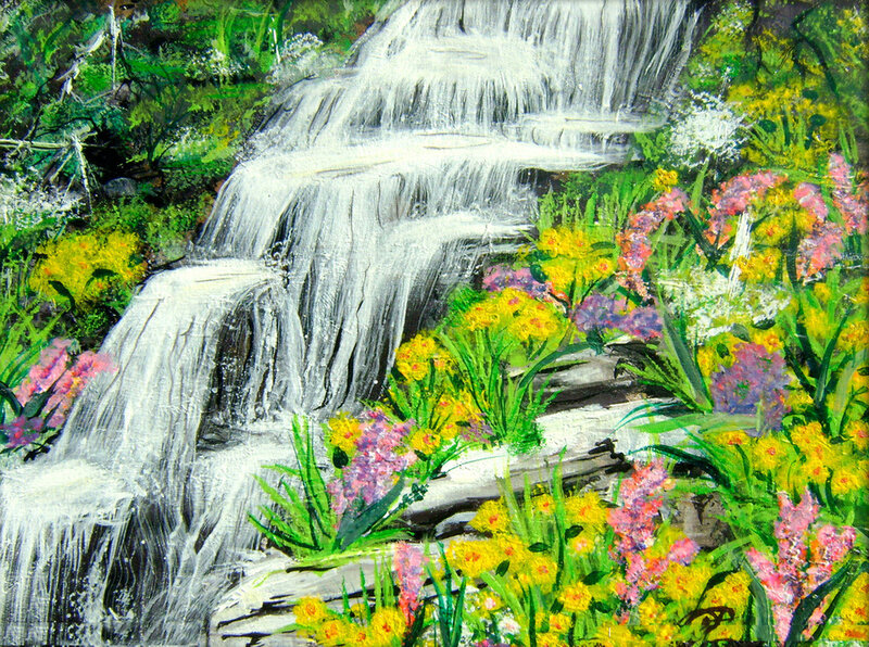 Waterfall with Flowers — Green, Serene