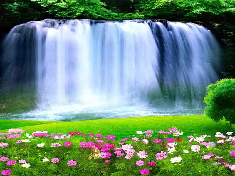 Waterfall with Flowers — Green