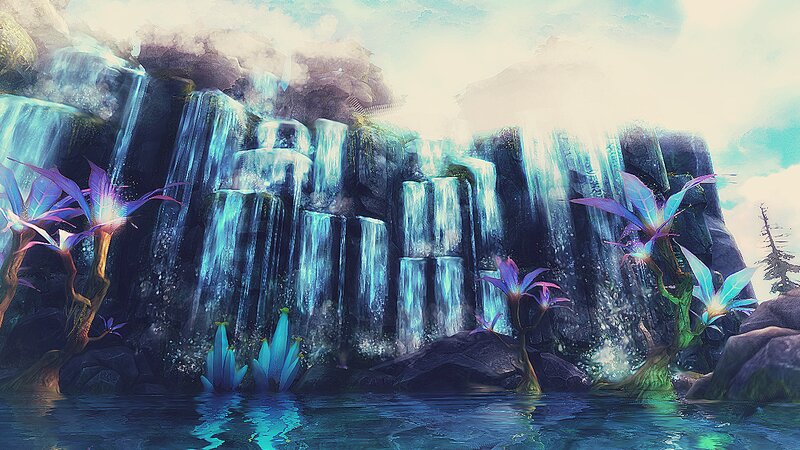 Waterfall with Glowing Plants