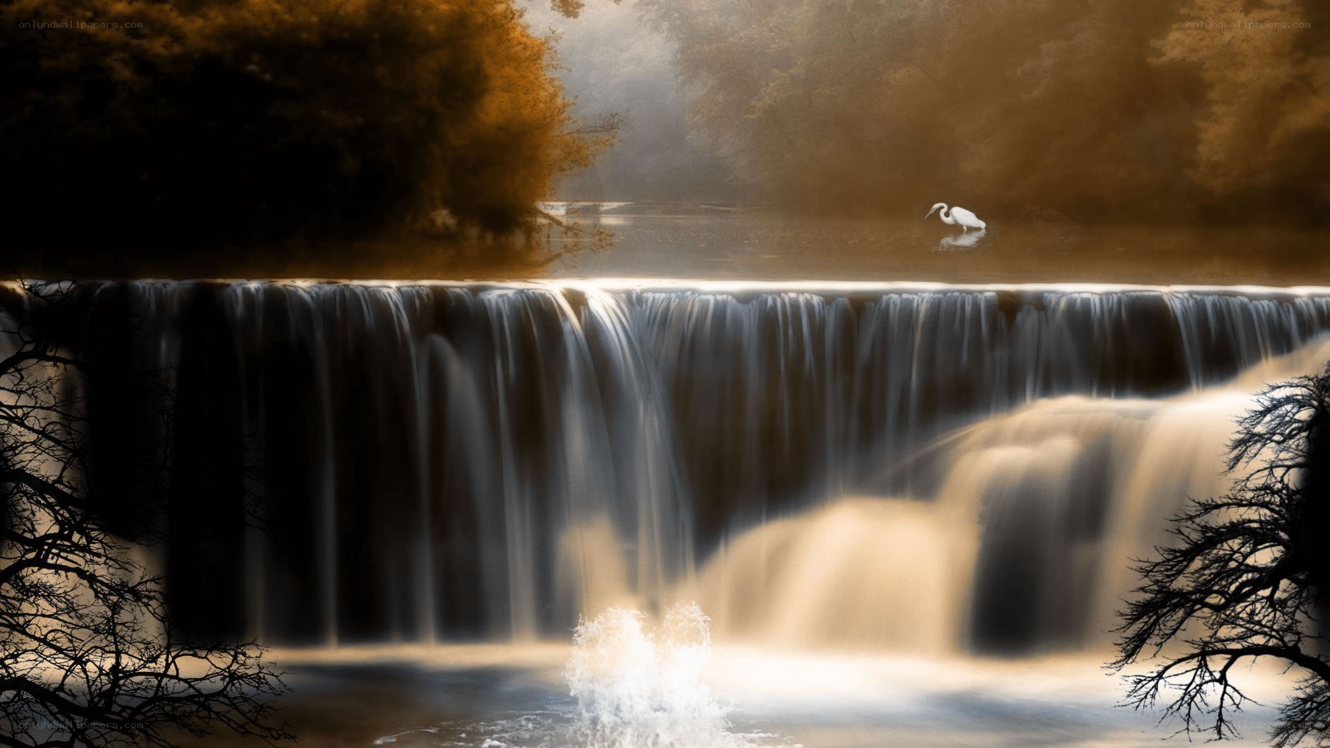 Waterfall with Heron at Dusk