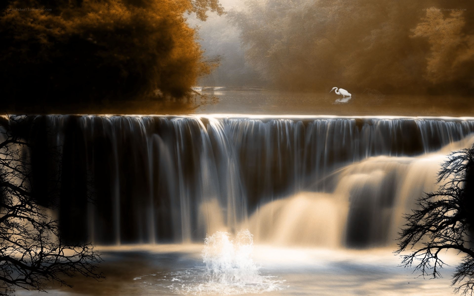 Waterfall with Heron at Dusk