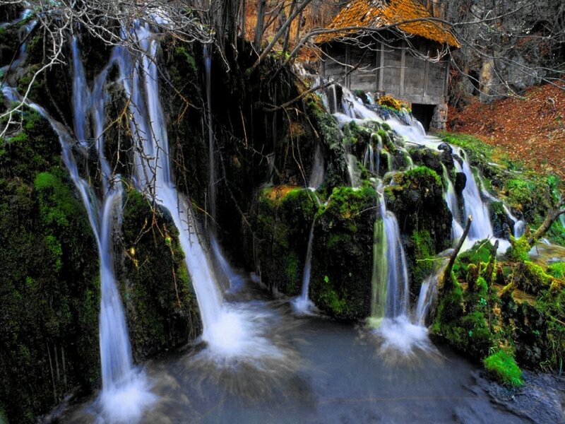 Waterfall with Mossy Rocks — Green, Serene, Autumn