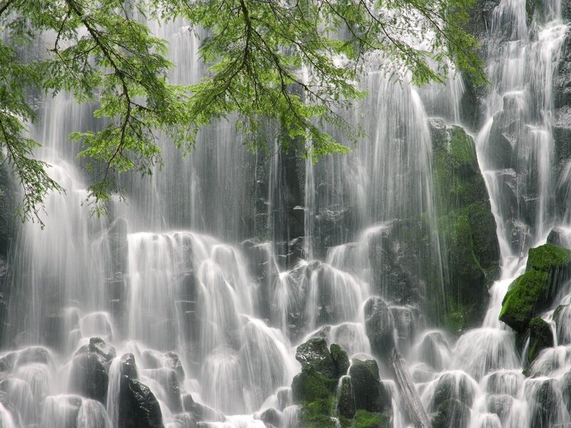Waterfall with Mossy Rocks — Green, Serene
