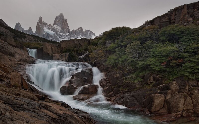 Waterfall with Mountain Backdrop — Gray
