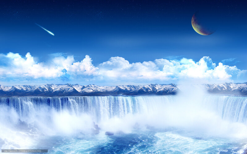 Waterfall with Mountains — Blue, Dramatic, Night, Digital Art, Clouds, Meteor, Moon