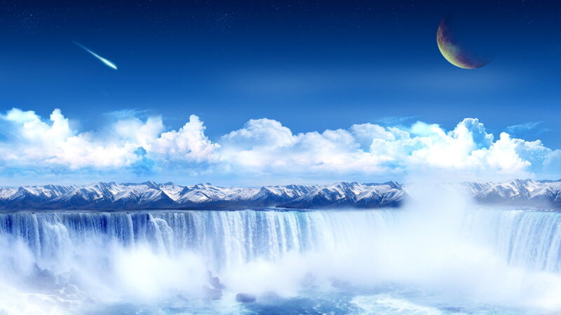Waterfall with Mountains — Blue, Dramatic, Night, Digital Art, Clouds, Meteor
