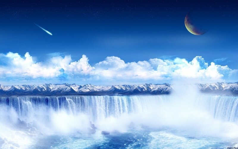 Waterfall with Mountains — Blue, Dramatic, Night, Digital Art, Clouds, Moon