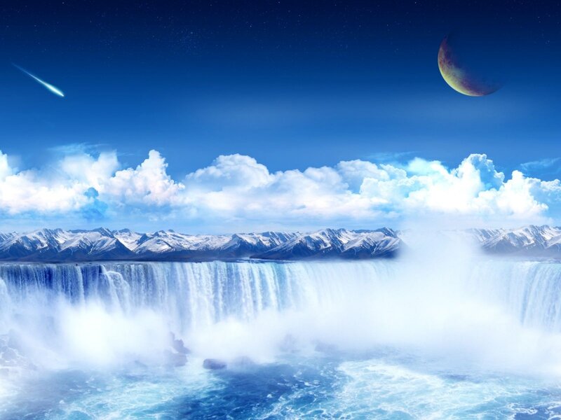 Waterfall with Mountains — Blue, Dramatic, Night, Digital Art, Clouds