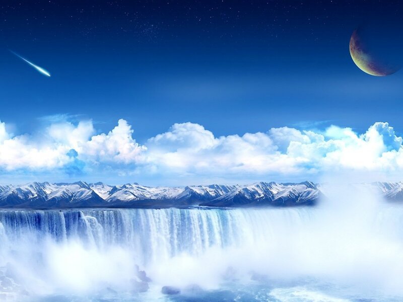 Waterfall with Mountains — Blue, Dramatic, Night, Digital Art