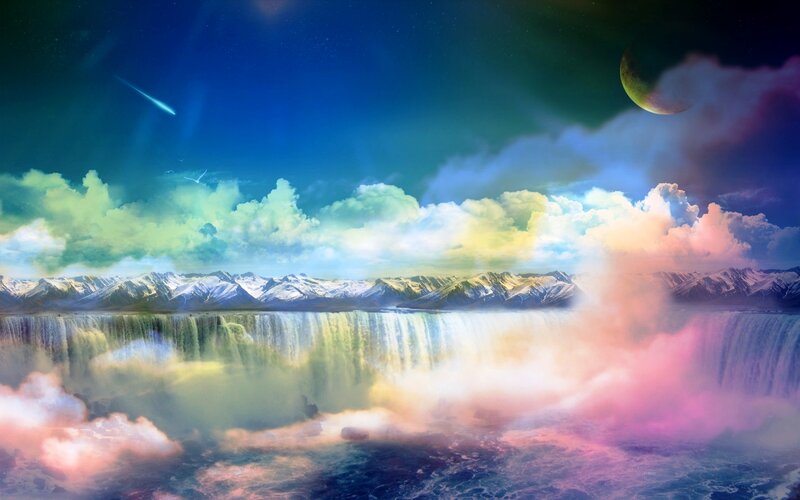 Waterfall with Mountains — Blue, Dramatic, Night