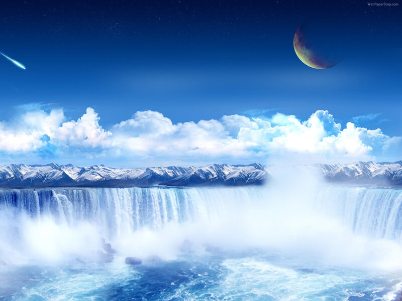 Waterfall with Mountains — Blue, Dramatic