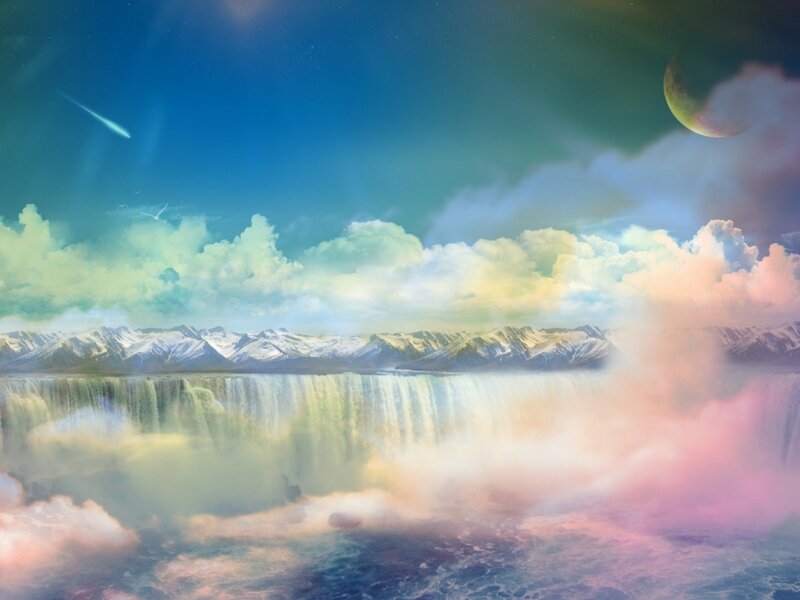Waterfall with Mountains — Blue, Dreamy, Digital Art